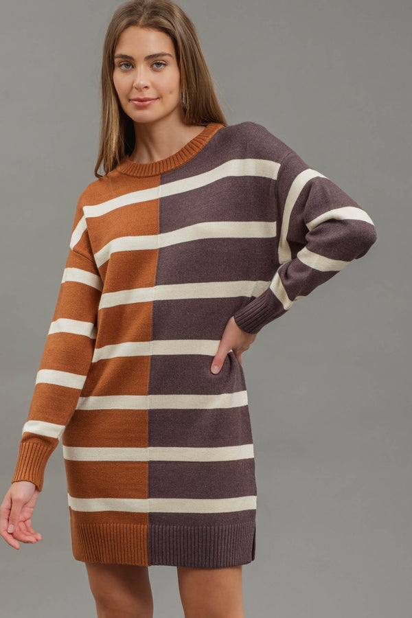 Rust Multi Colorblock Knit Sweater Dress