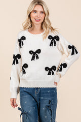 Curvy Cream Pearl Embellished Bow Sweater