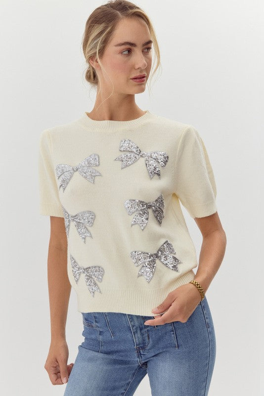 Cream and Silver Sequin Bow Applique Puff Sleeve Top