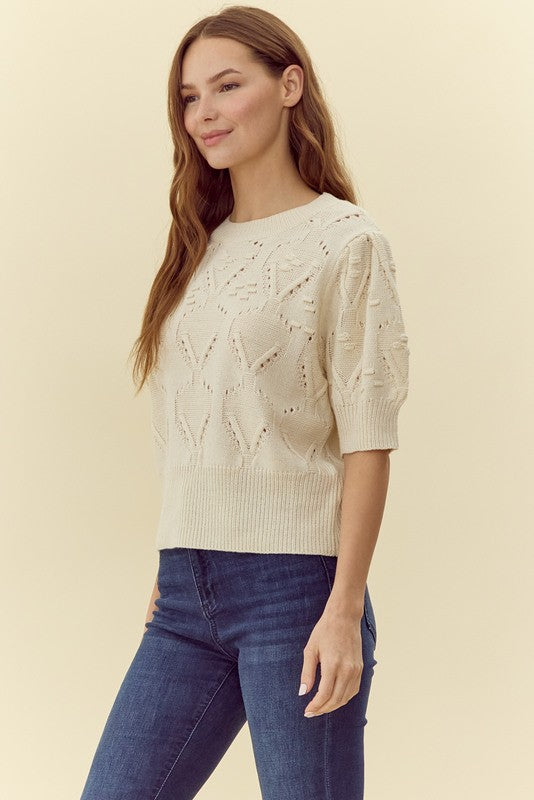 Ivory Pleated Shoulder Short Sleeve Sweater