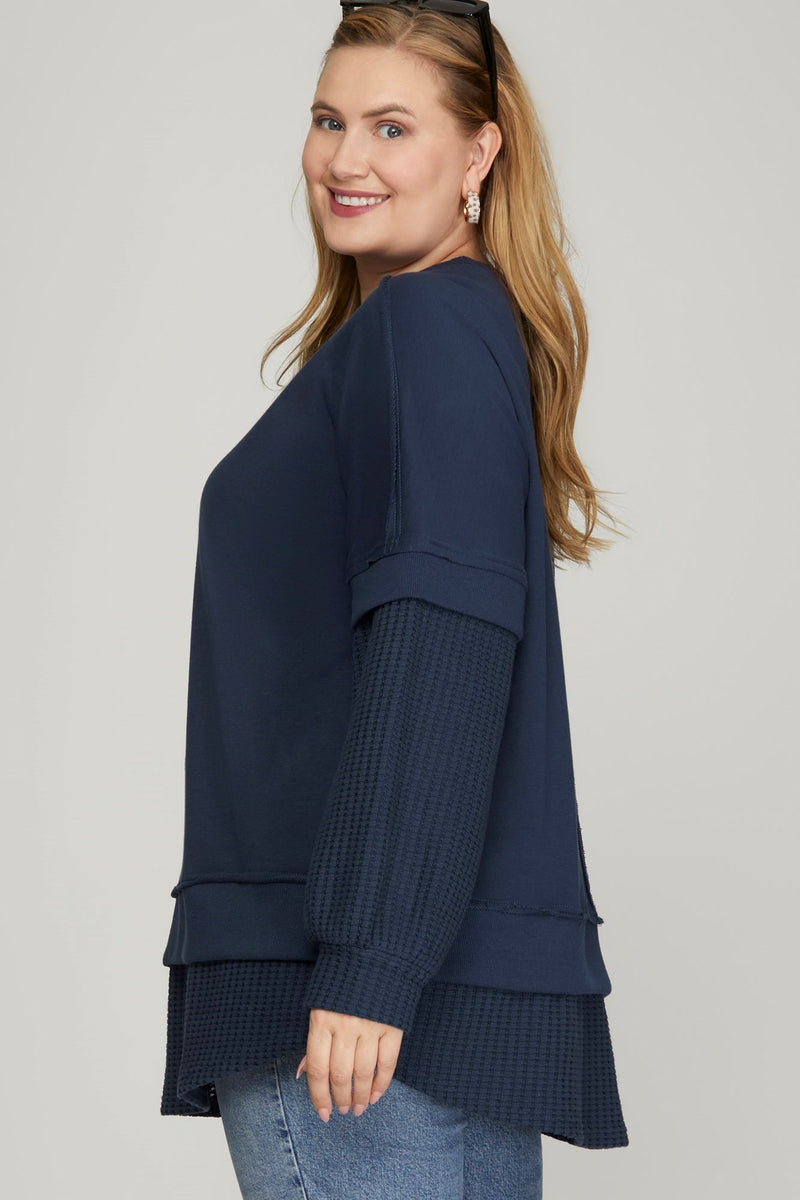 Basic Terry  Waffleknit Contrast Crewneck Top