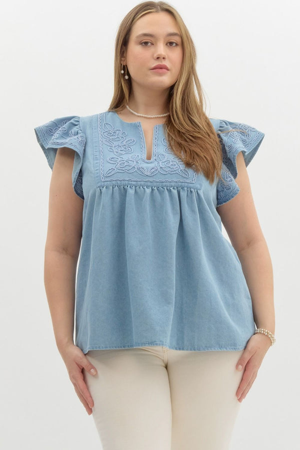 Curvy Ruffle Sleeve Top With embroidery