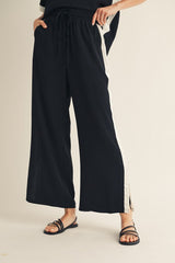 Black Elastic Waist Pant With White Striped Leg and Slit