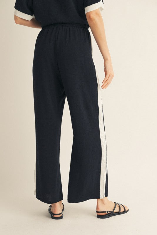 Black Elastic Waist Pant With White Striped Leg and Slit