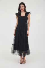 Black Polka Dot Print tulle Tiered Midi Dress