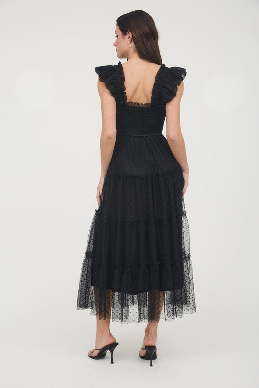 Black Polka Dot Print tulle Tiered Midi Dress