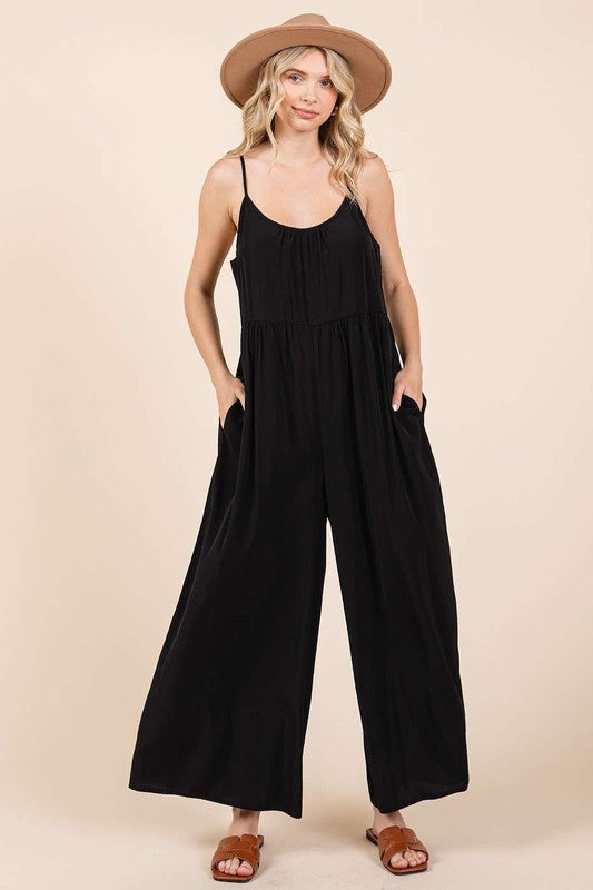 Black Scoop Neck Sleeveless Jumpsuit with Pockets