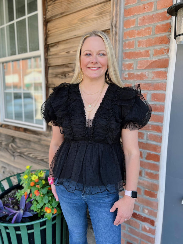 Black Tulle V-Neck Top