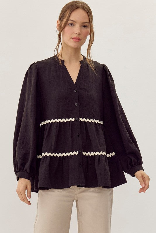 Black Ric Rac Button Up Top