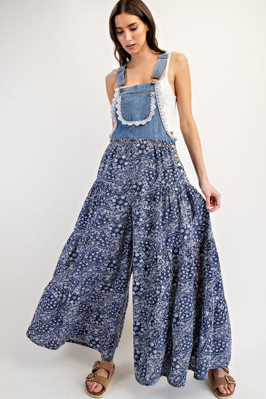 Denim Paisley Print Jumpsuit