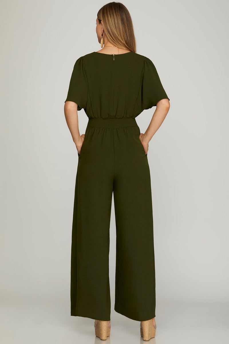 Curvy Flounce Sleeve V-Neck Jumpsuit