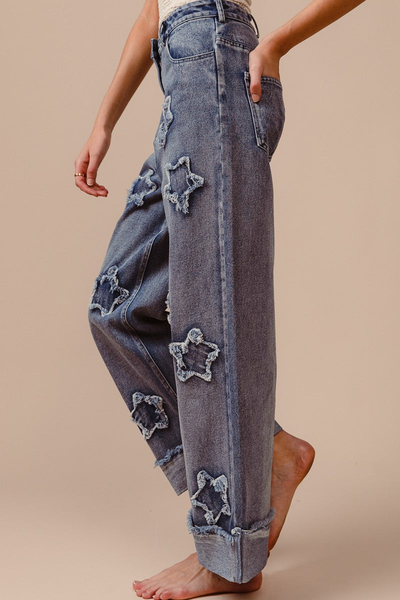 Denim Washed Wide Leg Star Patched Jeans