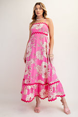 Pink Floral Print Maxi Dress with Ric Rac Detailing