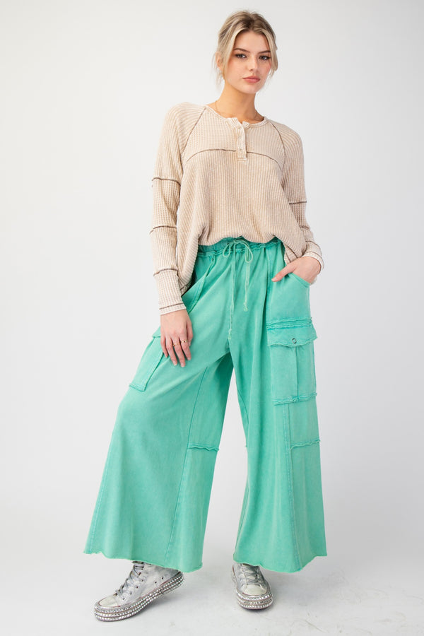 Green Mineral Washed Wide Leg Cargo Pants