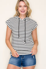 Shoe Lace Drawstring Neck Short Sleeve Stripe Top