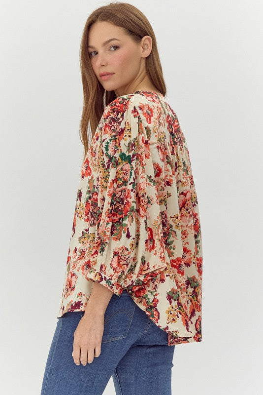 Salmon Floral Print Silk Top