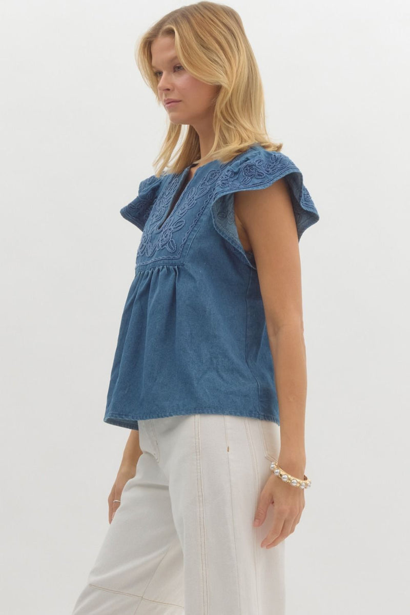 Denim Embroidered Flutter Sleeve Top