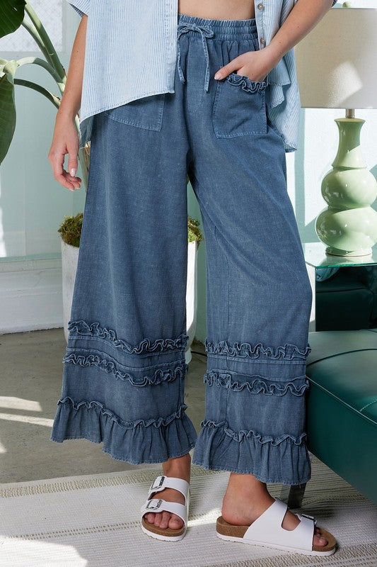 Denim Chambray Ruffled Pants with Front Pockets