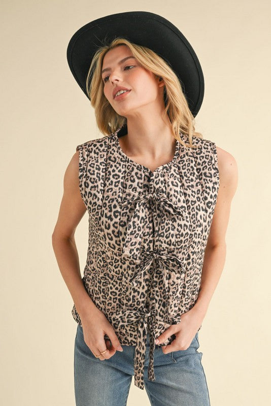 Leopard Print Puff Vest with Bow Tie