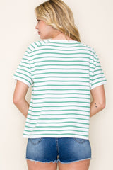 Ivory and Olive V Neck Short Sleeve Striped Sweater