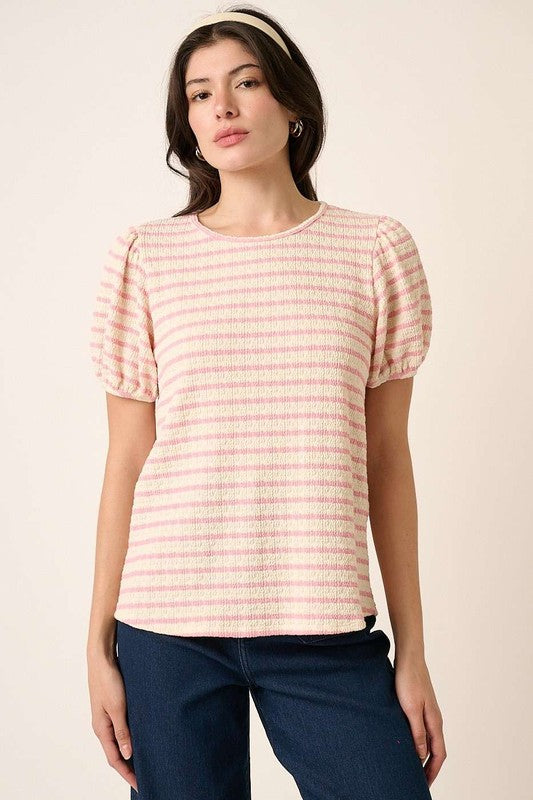 Cream and Pink Striped Knit Shirt with Balloon Sleeve