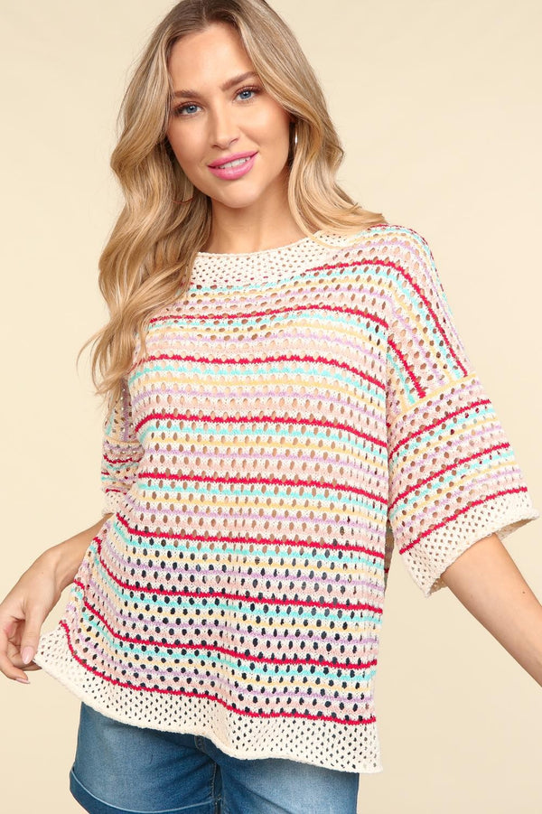 Curvy Oatmeal Multi Color Striped Knit Top