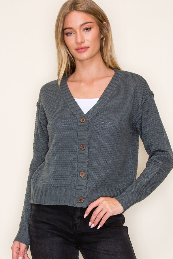 Charcoal Green Drop Shoulder Knit Cardigan