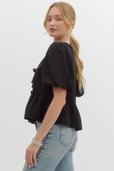 Black Puff Sleeve Top With Bows On Front