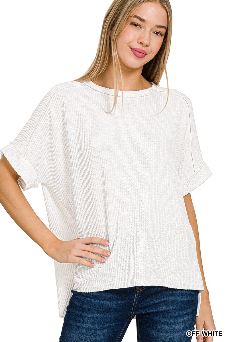 Cuffed Sleeve Ribbed Basic Top