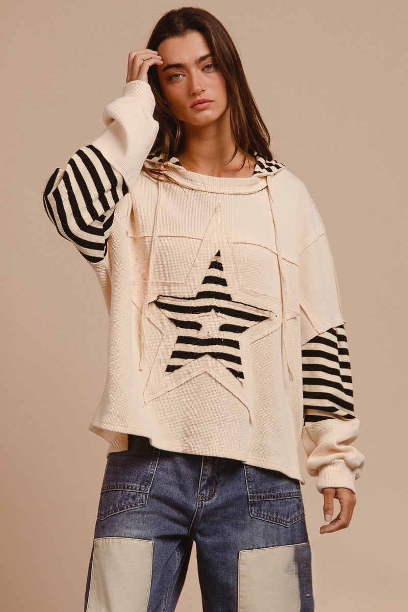 Star Patched Waffle Knit Striped Hoodie Top