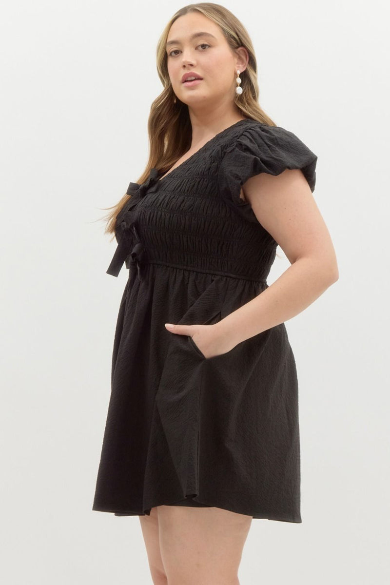 Curvy Textured Dress With Bow Detail