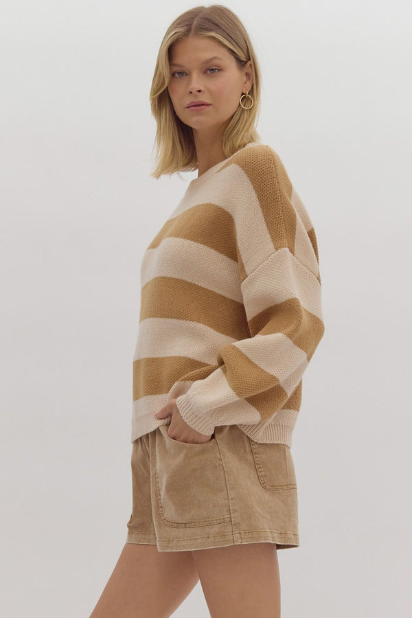 Camel Striped Knit Balloon Sleeve Sweater