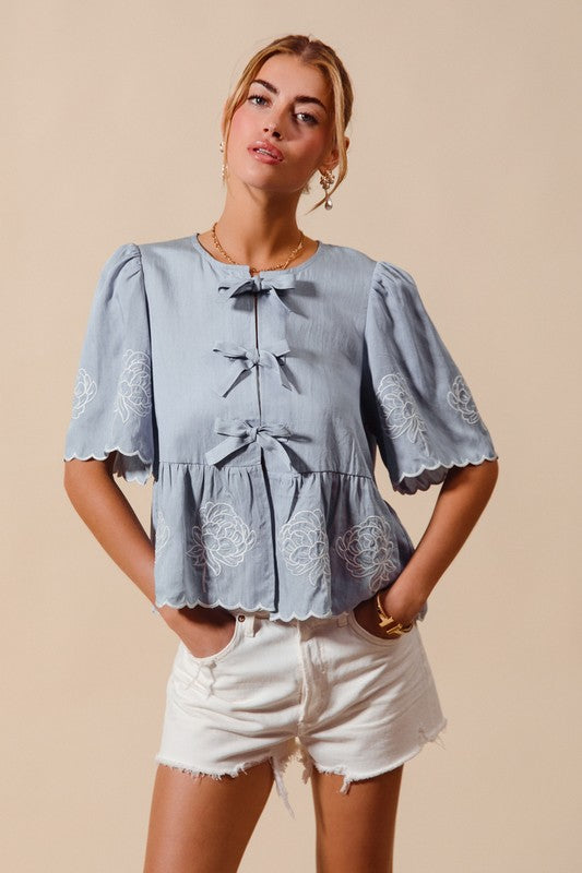 Denim Embroidered Front Tie Top