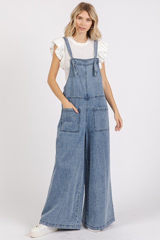 Knot Detail Sleeveless Washed Denim Jumpsuit