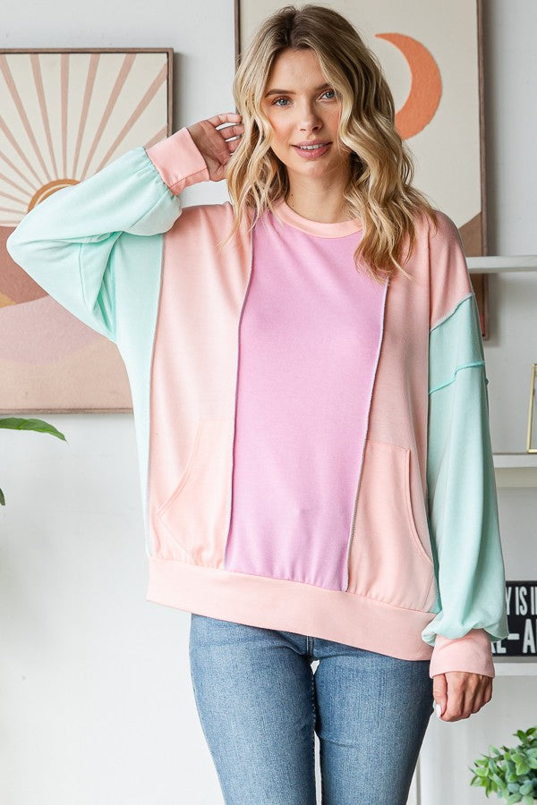 Pastel Color Block Front Pockets Pullover Top