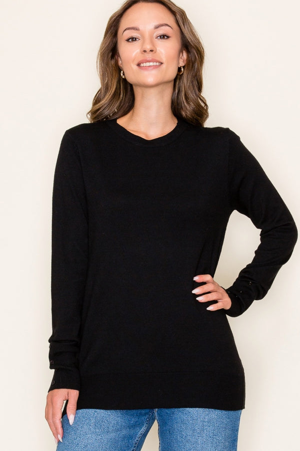 Black Round Neck Long Sleeve Top with Button Detail Cuffs