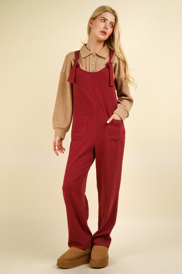 Curvy Ribbed with Front Pockets and Knot Detail Overalls