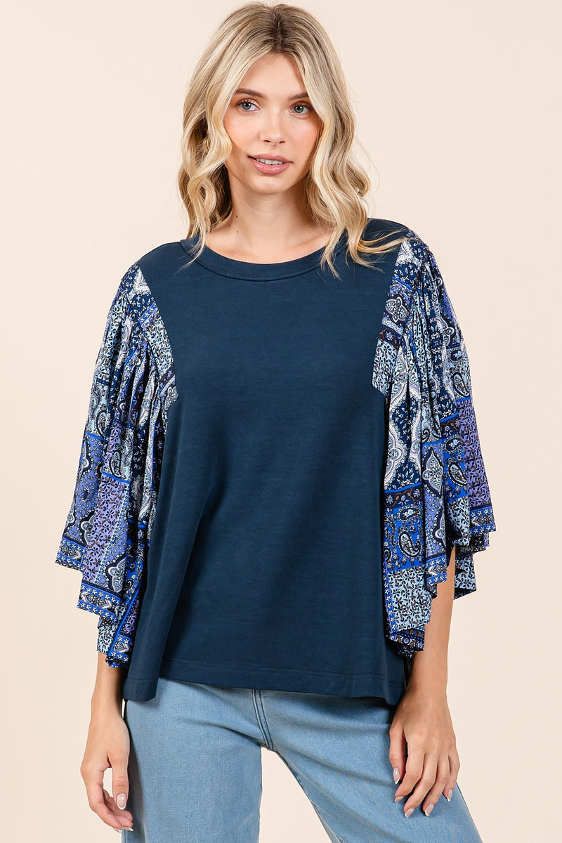 Dusk Blue with Paisley Flutter Sleeve Top