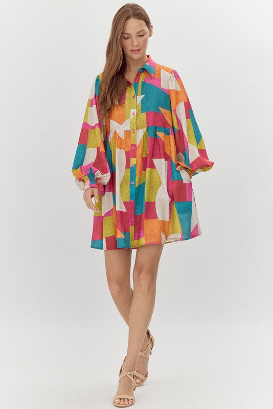 Multi Color Abstract Button Down Dress