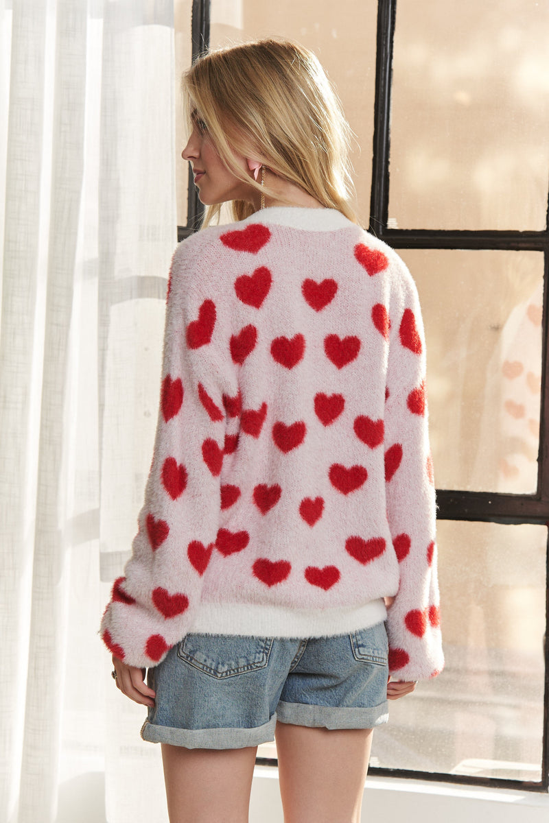 Fuzzy White Cardigan with Red Hearts