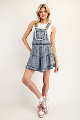 Denim Washed Lace Romper with Floral Straps