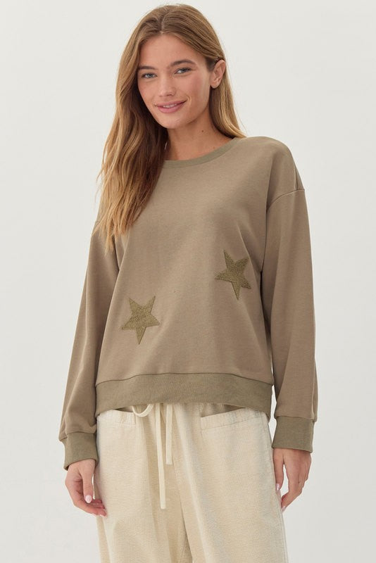 Army Green Star Applique French Terry Crewneck