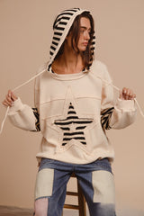 Star Patched Waffle Knit Striped Hoodie Top