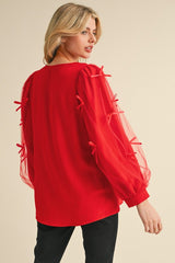 Red Top with Bow Mesh Balloon Sleeve