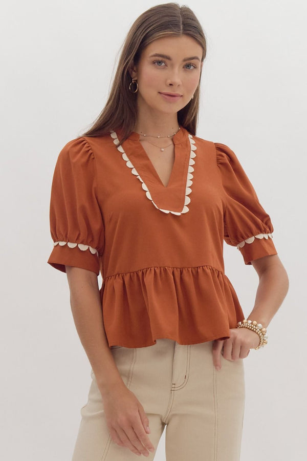 Rust Puff Sleeve Peplum Top with White Trim