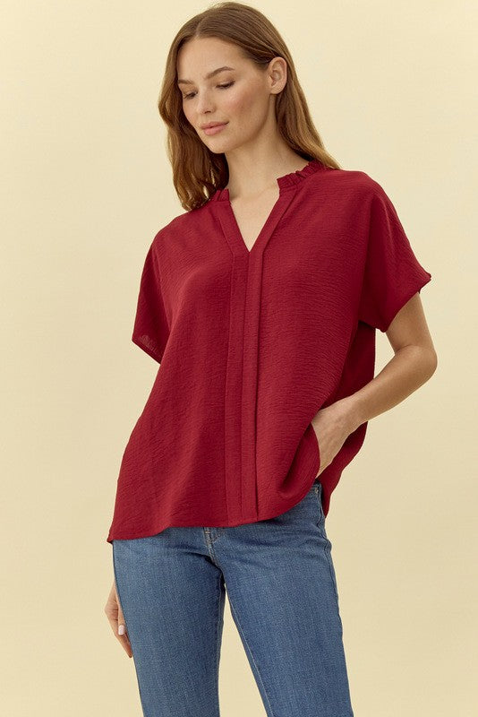 Ruffle Neck Short Sleeve Top