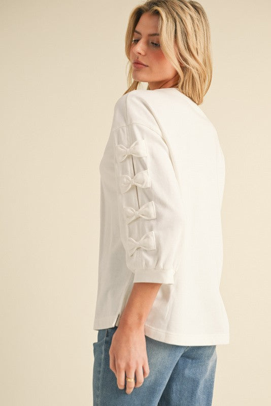 White Top with 3/4 Bow Detail Sleeve