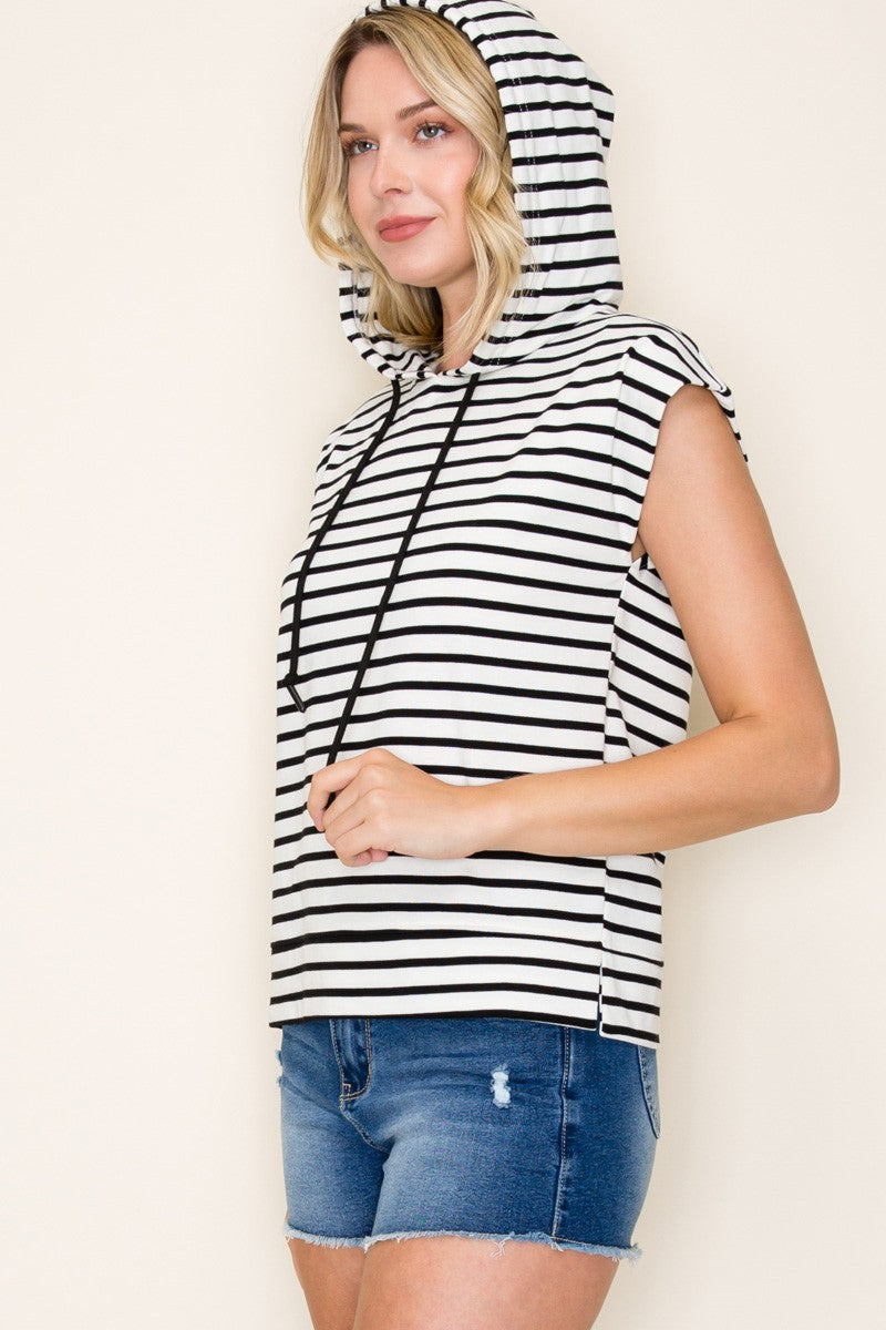 Shoe Lace Drawstring Neck Short Sleeve Stripe Top