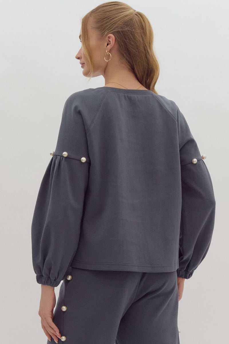 Pearl Embellished Drop Shoulder Crewneck Top