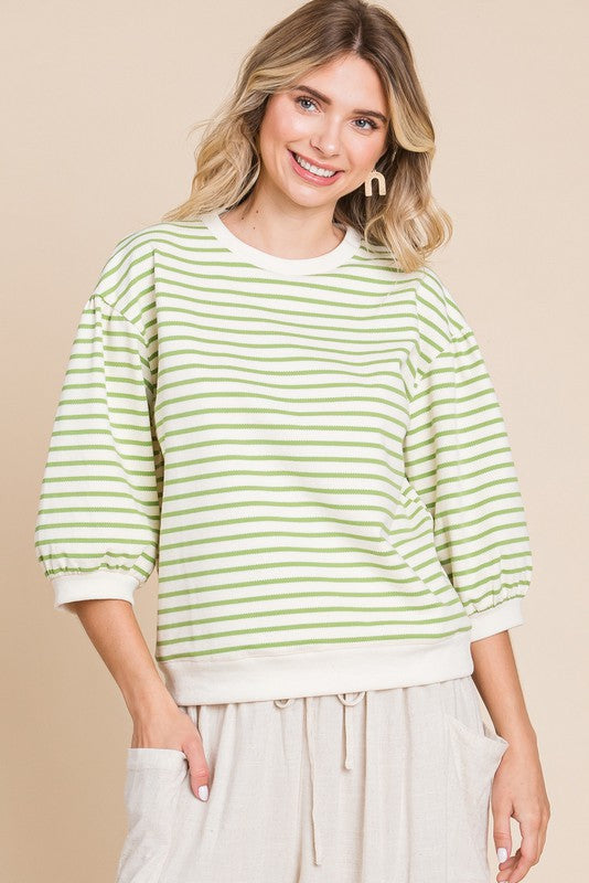 Lime and White Striped Top with 3/4 Sleeve